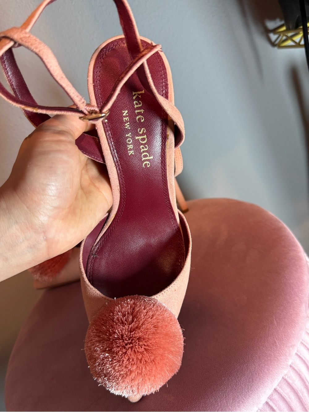 kate spade Coral Pink Suede Pom-Pom Ankle-Strap Heels size 6 - Picture 6 of 9